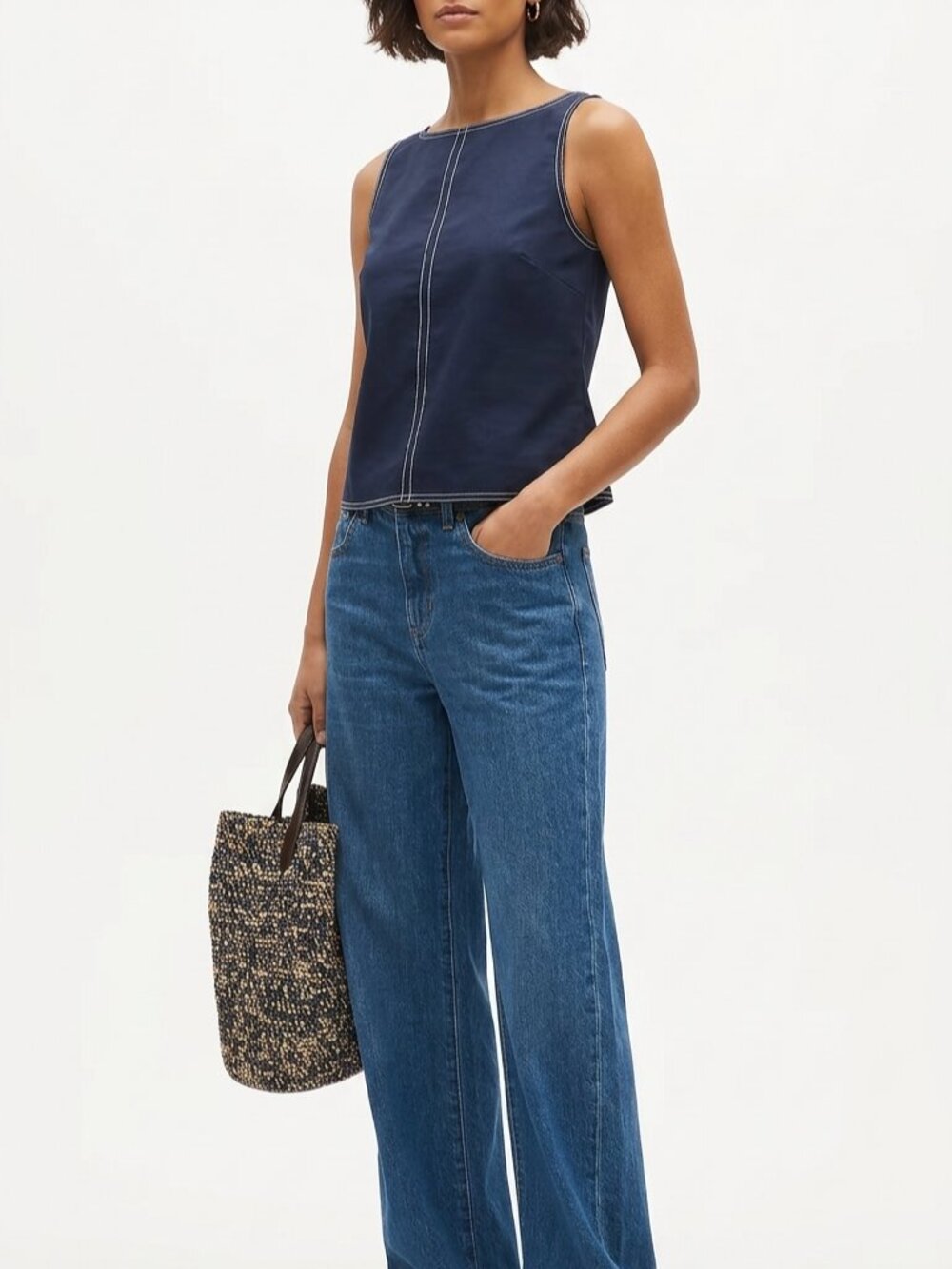 Navy Cotton Contrast-Stitch Tank Top – Size 00